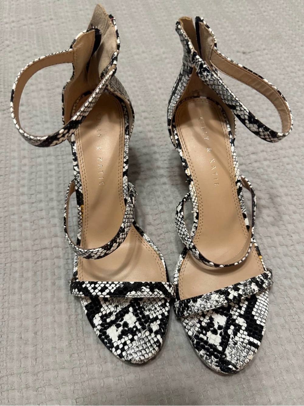 Kelly & Katie Black and White Snake-Print Ankle Strap Heels